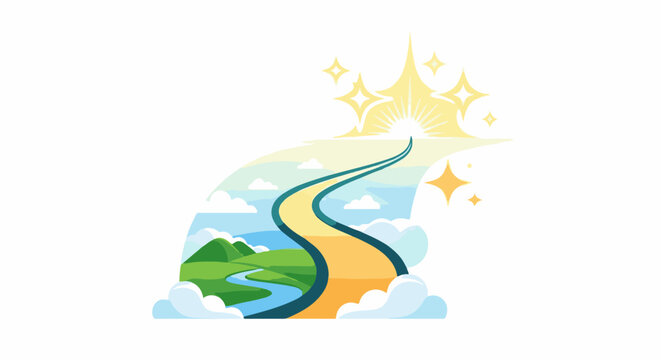 A winding road leads toward a radiant sun, over rolling hills and clouds