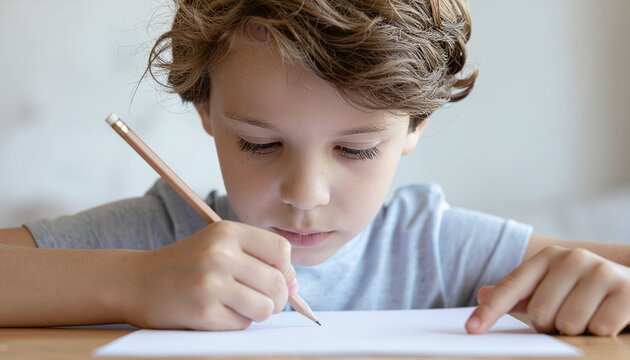 Jeune &eacute;colier concentr&eacute; &eacute;crivant avec un crayon sur une feuille blanche