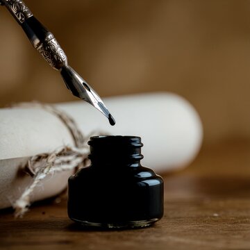 Plume calligraphique ancienne avec encrier noir et parchemin scell&eacute;