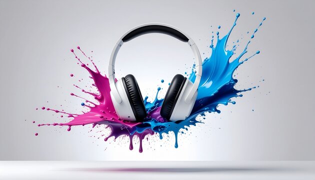Casque audio blanc avec &eacute;claboussures de peinture bleue et rose