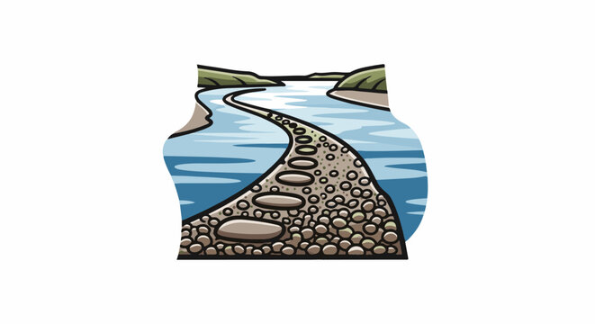 A winding stone path leads across calm blue water to distant green hills