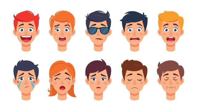Diverse Emotions Expressed: A collection of various faces displays an array of emotions, each conveying a distinct feeling and state of mind.