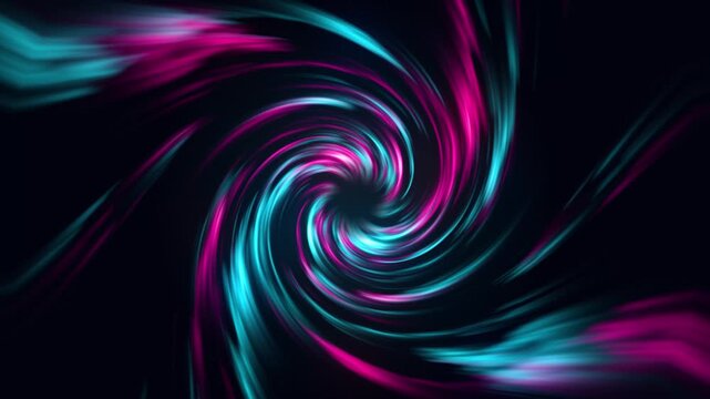 Abstract background with glowing neon blue and pink light trails in a spiral vortex motion, dynamic energy swirl effect on dark background