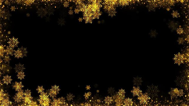 Black holiday border glittering gold snow flakes, sparkling particles, center space text. Christmas greeting cards, winter invites, luxury festive titles, seasonal promos, elegant celebration overlays