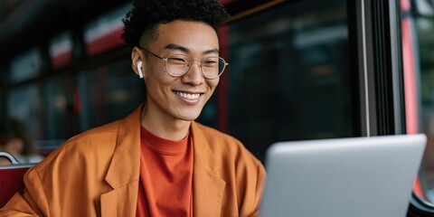 Obraz premium Young man working on laptop while smiling during bus commute ride
