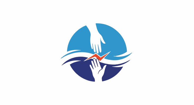 Abstract circular logo with hands reaching, a lightning bolt, and wavy lines