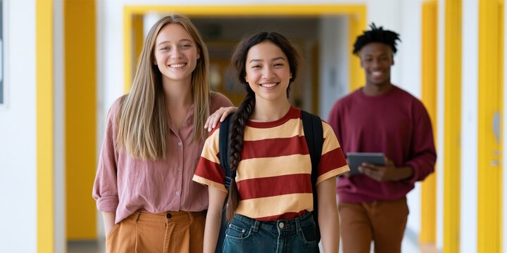 Teen students walking together in bright school hallway