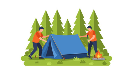 Fototapeta premium Two Men Setting Up a Blue Tent in a Pine Forest with Campfire Flat Vector Illustration for Outdoor Adventure and Camping Concepts