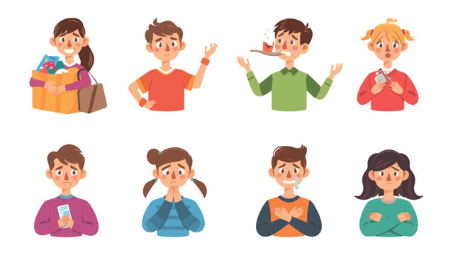 Diverse Emotions: Collection of character expressing different emotions, each face tells unique experience, portraying a variety of moods and reactions, showing feelings.