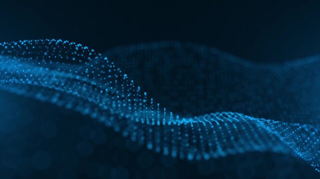 Abstract glowing digital cyber wave made of particles and dots moves on a blue background, big data visualization, futuristic and technological, 3D, 4K, seamless loop.
