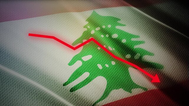 Lebanon Flag with Red Financial Graph Chart &ndash; Economic Crisis, Inflation and Market Decline Concept
