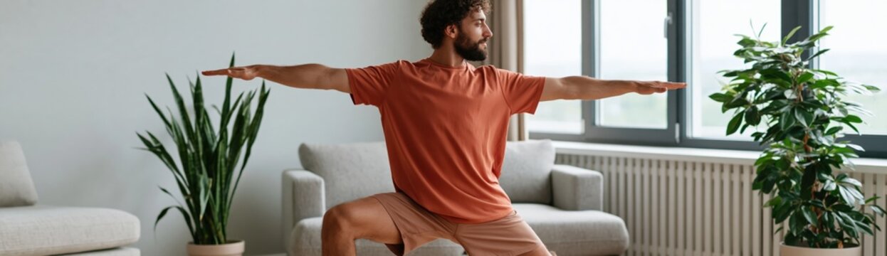 Young man doing yoga warrior pose in living room at home