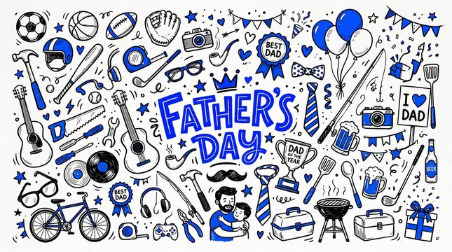 Father's day doodles featuring various hobbies sports tools family elements and celebration items hand drawn in a blue and white graphic design vector art set