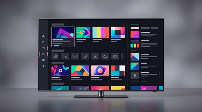 Sleek modern TV screen displaying vibrant multimedia content against a textured gray background