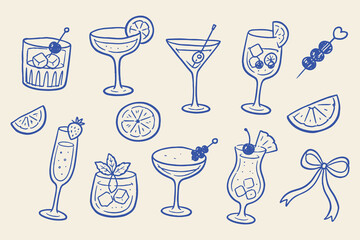 Obraz premium Cocktail drinks set blue doodle pattern vector