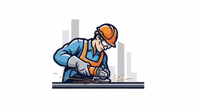 A worker in hard hat and safety gear grinds metal