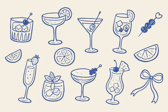Cocktail drinks set blue doodle pattern vector