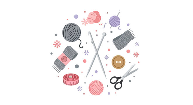 Knitting and Crochet Tools Vector Illustration: Yarn Balls, Needles, Scissors, and Measuring Tape in a Circular Composition for Crafting and DIY Hobbies