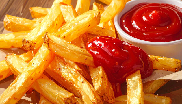 Golden french fries and red ketchup in close up food photography