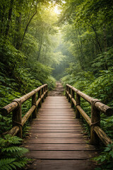 Fototapeta premium Wooded Bridge Pathway: A scenic wooden bridge gracefully spans a lush forest, inviting exploration and offering a tranquil journey into the heart of nature's embrace.