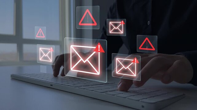 Email documents hacks, phishing attacks and virus alerts. Online fraud and cyber threats.Digital screen showing scam and spam emails.	
