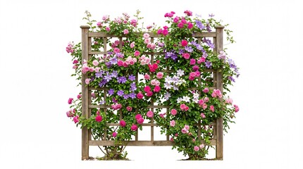 Fototapeta premium Blooming Flowering Vine Trellis with Colorful Roses Against a White Background