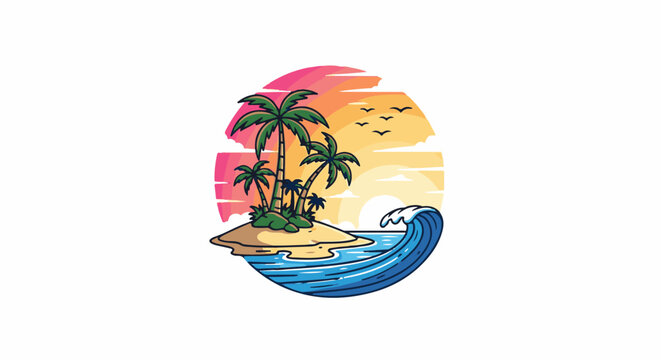 A stylized sunset scene depicts a tropical island with palm trees and a breaking wave