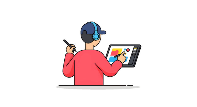 Person wearing headphones and a cap, focused on digital art creation using a graphic tablet and stylus, representing modern design work.