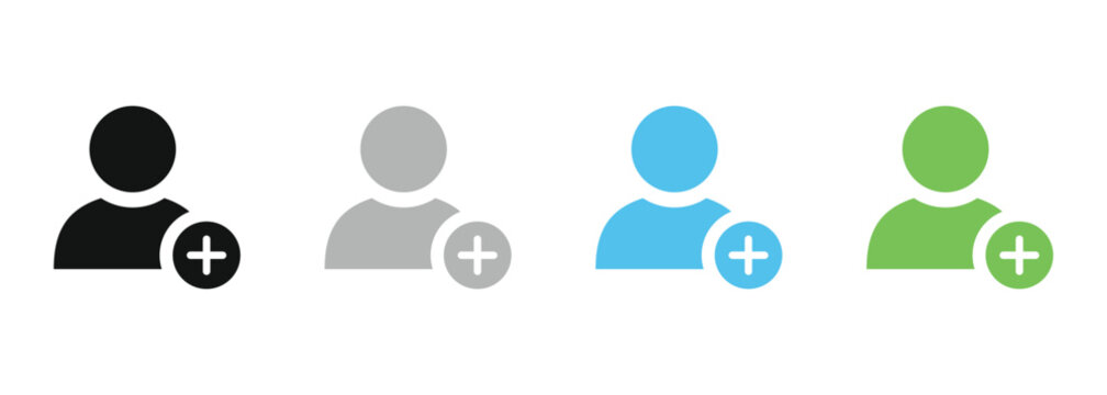 Set of four colorful user add icons. Account creation and member sign up graphics. Vector illustration