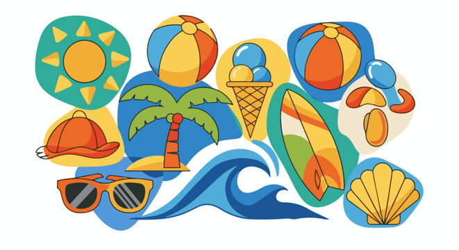 A vibrant collage of summer icons including sun, balls, ice cream, palm tree, surfboar