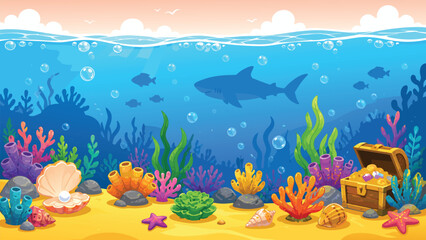 Cartoon coral reef with fish  underwater landscape, Panoramic bright seascape. Vector illustration © Blendbucker
