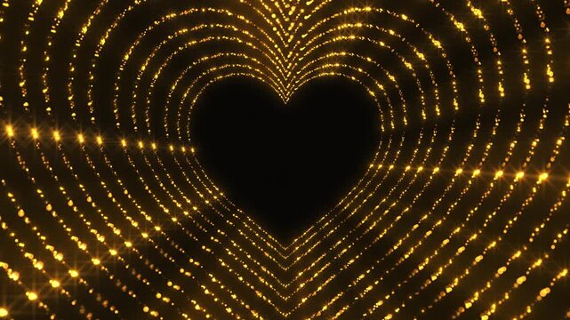 Golden heart tunnel glowing dotted lines, black center space, romantic sparkle depth. Valentine videos, wedding titles, anniversary greetings, proposal reels, love messages, elegant celebration