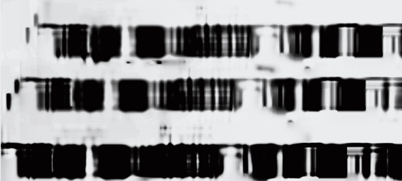 Abstract glitch effect background featuring grid-like structures and dark rectangular elements, creating a sense of digital information processing or architectural abstraction.