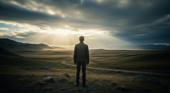 Traveler stands alone in the vast grassy landscape under a dramatic cloudy sky, feeling the smallness of human existence while observing the divine light rays breaking through the heavy storm clouds.