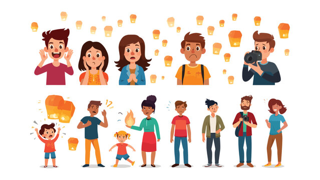 Joyful Expressions and Soaring Lanterns: A vibrant illustration showcasing diverse individuals experiencing wonder and excitement as they release lanterns into the night sky.