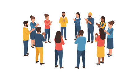 Obraz premium Diverse Group of People Standing in a Circle Applauding and Clapping. Vector Illustration of Team Success, Celebration, Support, and Community Inclusion.