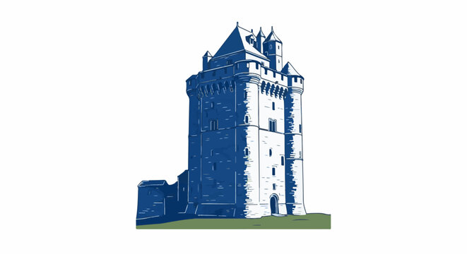 A stylized illustration of a blue stone castle tower with crenellations on a white background