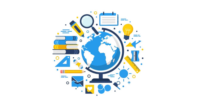 Global Education Concept Illustration with Globe and School Supplies Icons in Flat Style