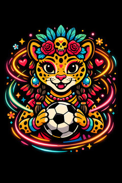 Joyful jaguar mascot adorned with roses and skull
