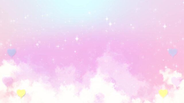 Pastel pink sky background heart balloons, soft clouds, sparkling stars, dreamy copy space. baby shower birthday invites, cute wedding titles, love messages, kids events, sweet celebration overlays.