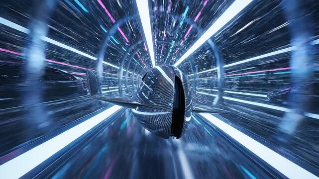 Futuristic High-Speed Pod Traveling Through a Neon Light Tunnel in a Hyperloop System