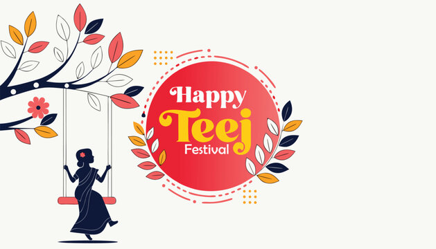 Happy teej festival banner with floral tree and woman swinging silhouette in red frame