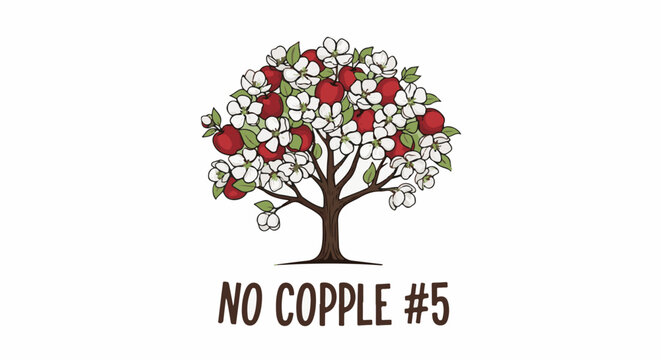 A stylized illustration of a mature apple tree laden with ripe red fruit and white blossoms