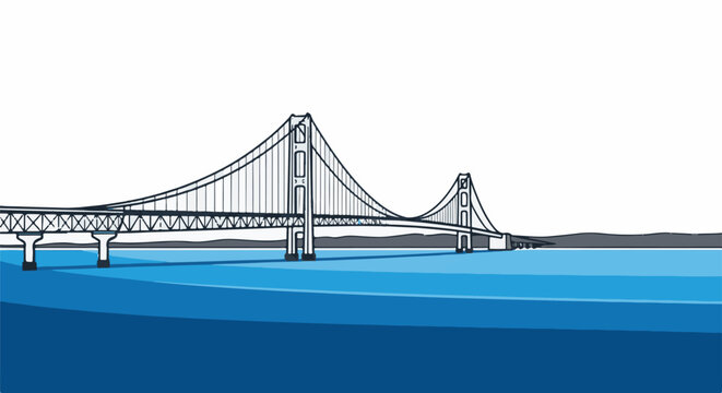 A suspension bridge spans across a body of blue water, with distant hills under a white sky