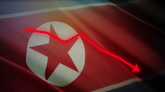 North Korea Flag with Red Financial Graph Chart &ndash; Economic Crisis, Market Decline and Geopolitical Risk Concept
