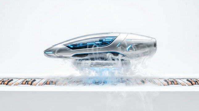 Maglev Futuristic Train Pod Floating Above Tracks with Vapor Effect