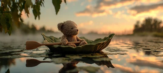 Sleepy teddy bear on a leaf boat at sunset © H Creatives
