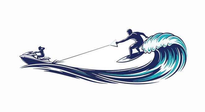 Action shot of wake surfer being pulled by jet ski on a large ocean wave