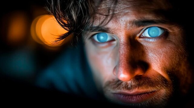 Man with hypnotic spiral in eyes staring at screen. Cinematic video about digital addiction, mind control and social media brainwashing. High-quality footage for tech ethics and psychology.
