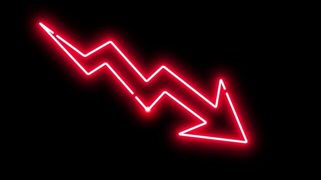 Red neon descending arrow symbol appearing with light trail effect on black background 